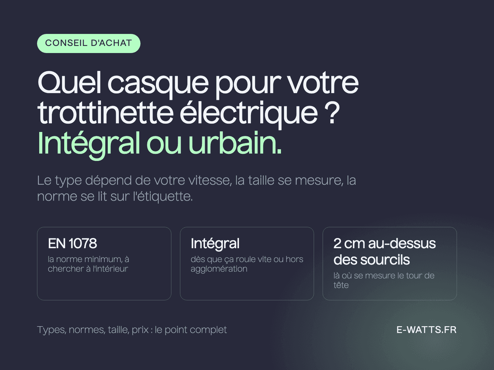Quel casque pour votre trottinette électrique ? Intégral ou urbain. Norme EN 1078 au minimum, intégral dès que ça roule vite, tour de tête mesuré 2 cm au-dessus des sourcils.